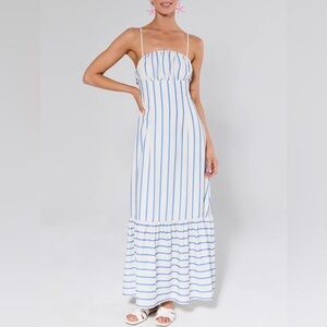 Striped White and Blue Spaghetti Strap Maxi Dress